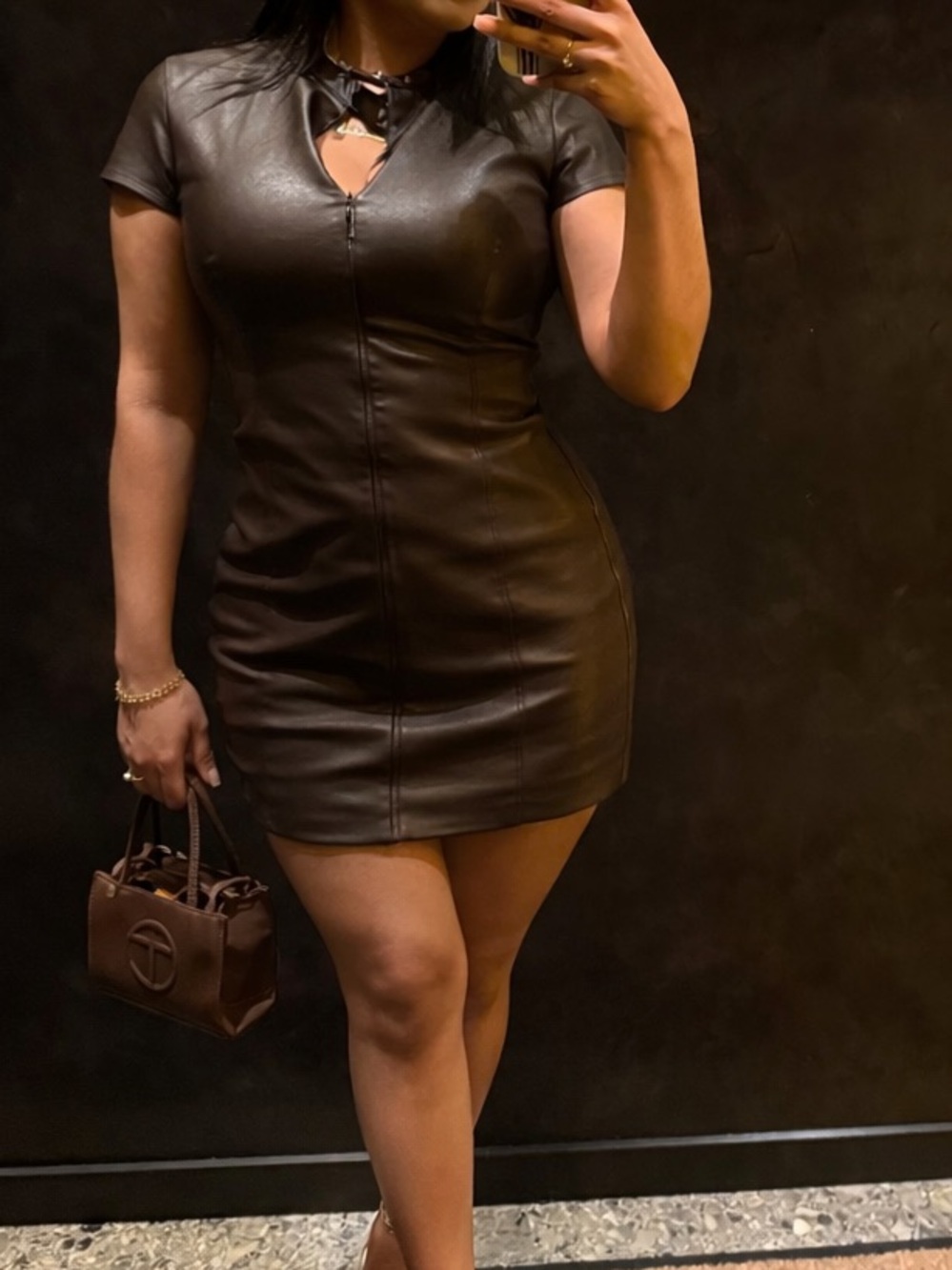 Faux Leather Short Sleeve Mini Dress in Dark Brown